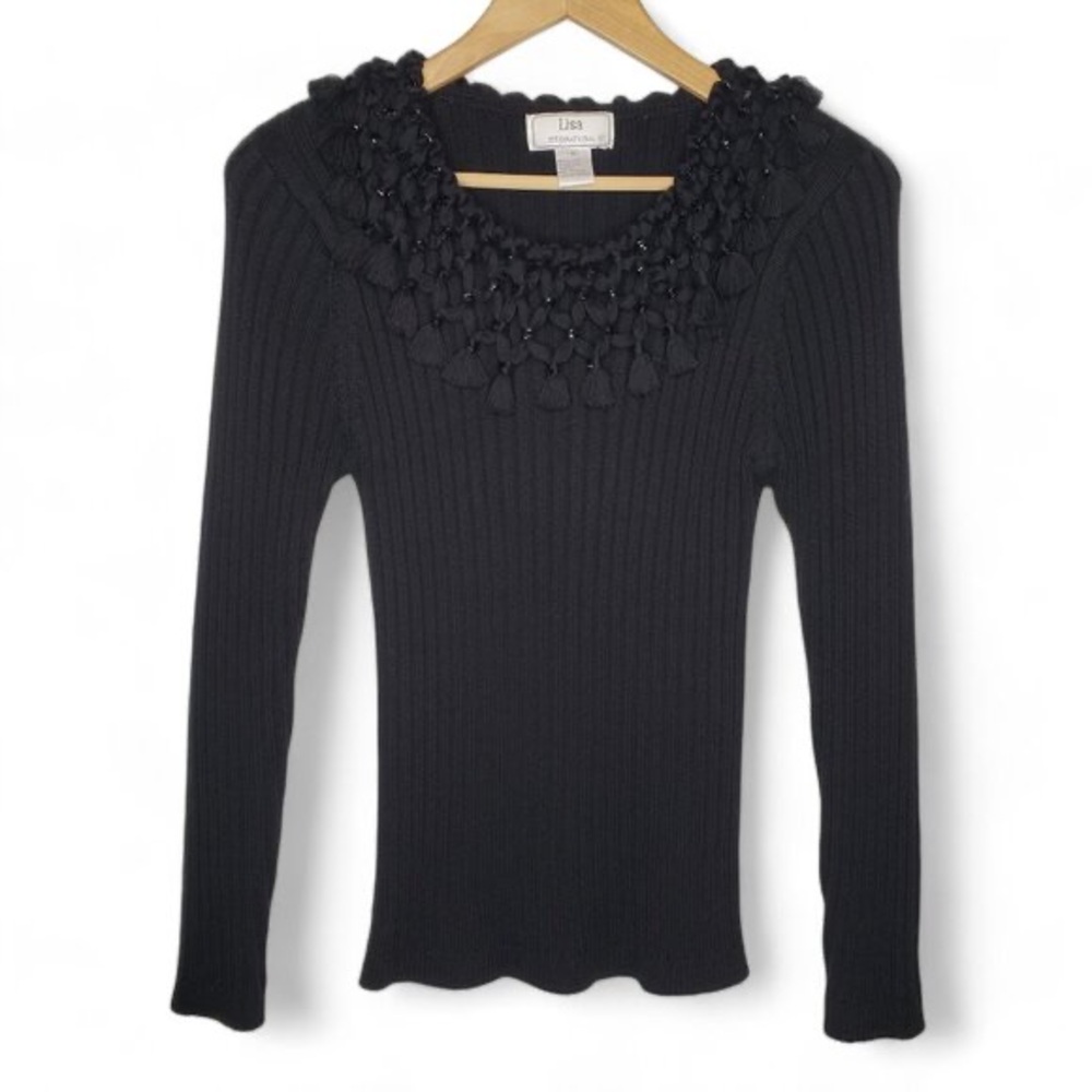Lisa International Women’s Beaded and Braided Collar Padded Shoulder Sweater S